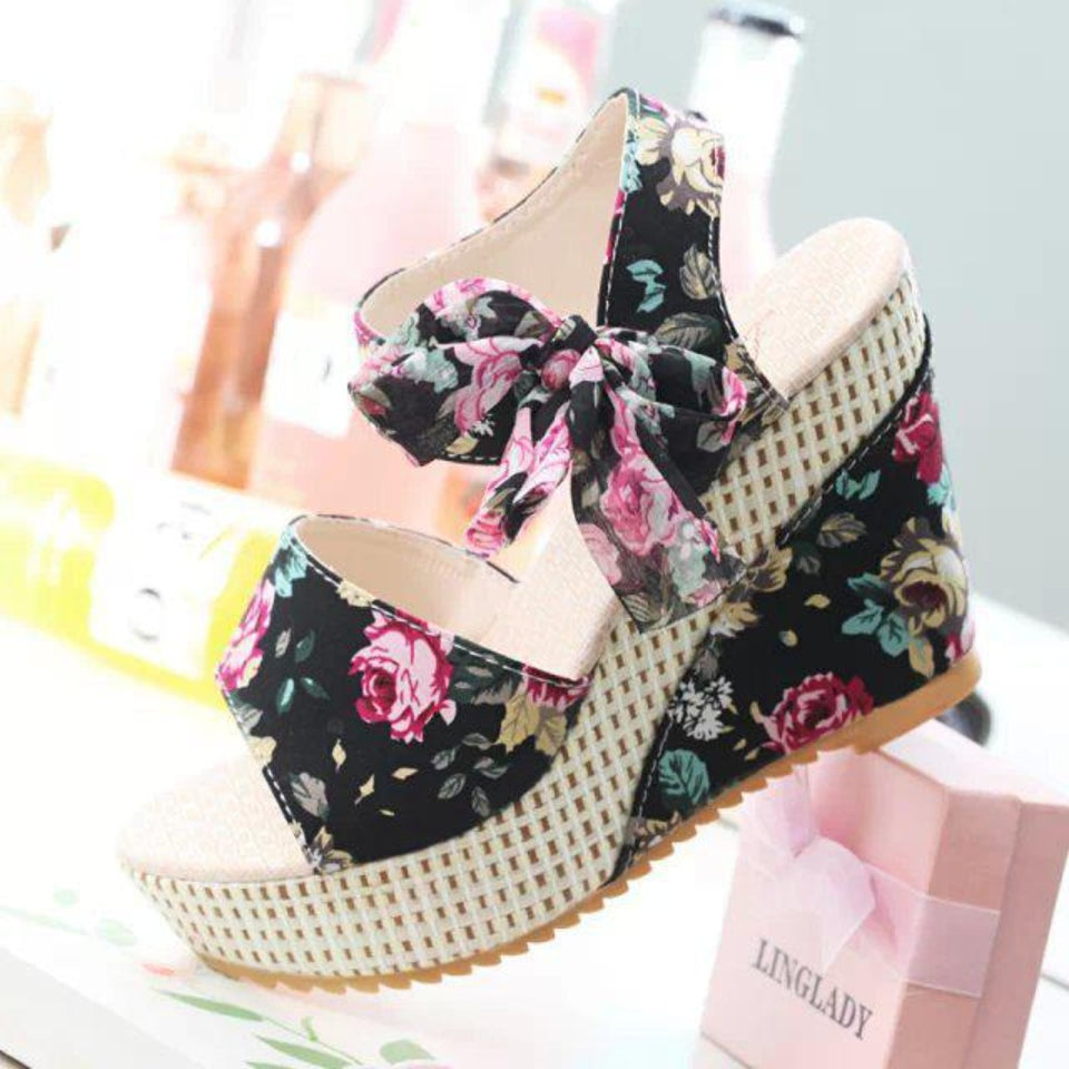 Sandals Slik Bow Slippers Slides Platform Wedges Flip Flops Open Toe High Heels - Easy Pickins Store