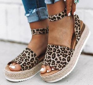 Sandals Vintage Leather Wedge Chunky Mid Heels Peep Toe - Easy Pickins Store
