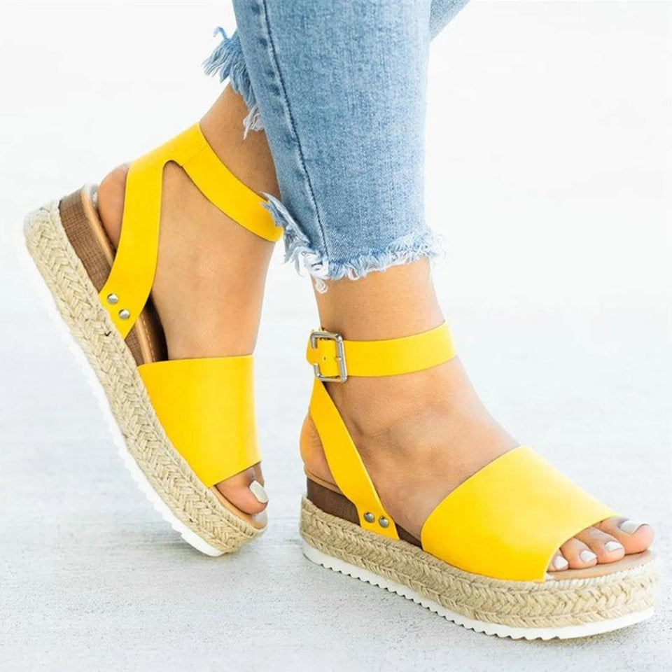 Sandals Vintage Leather Wedge Chunky Mid Heels Peep Toe - Easy Pickins Store