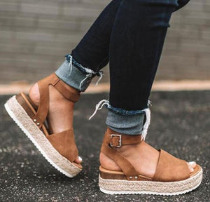 Sandals Vintage Leather Wedge Chunky Mid Heels Peep Toe - Easy Pickins Store
