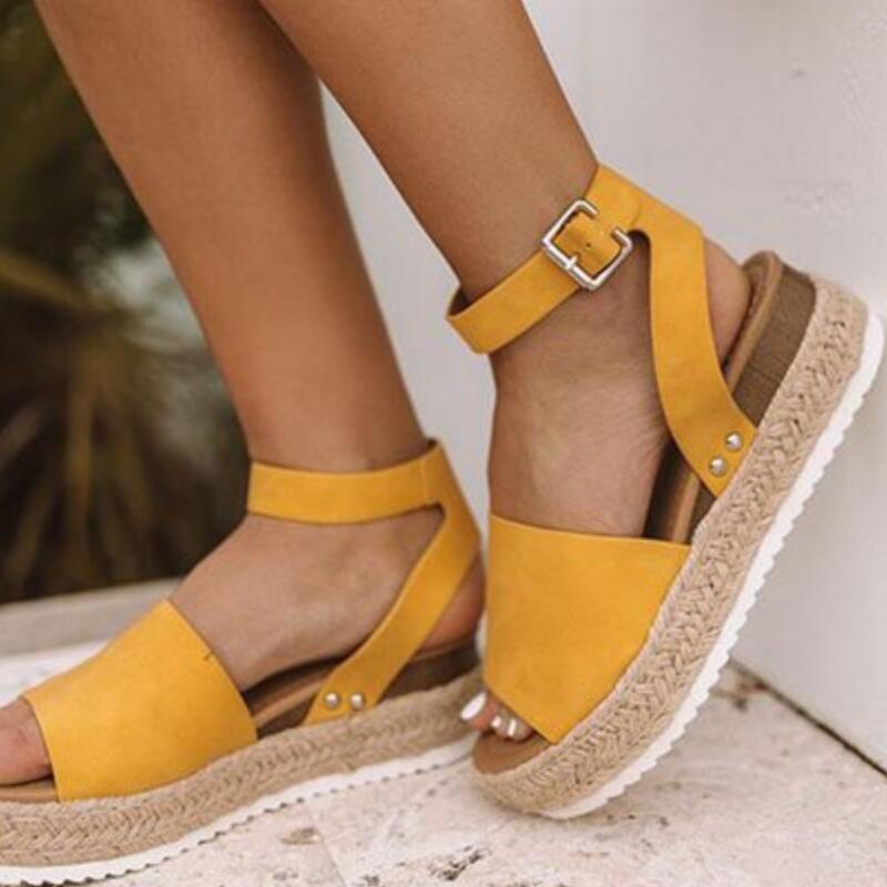 Sandals Vintage Leather Wedge Chunky Mid Heels Peep Toe - Easy Pickins Store