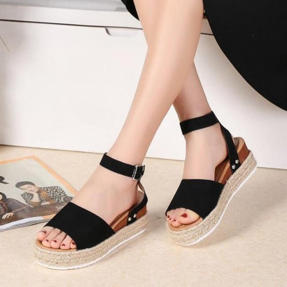 Sandals Vintage Leather Wedge Chunky Mid Heels Peep Toe - Easy Pickins Store