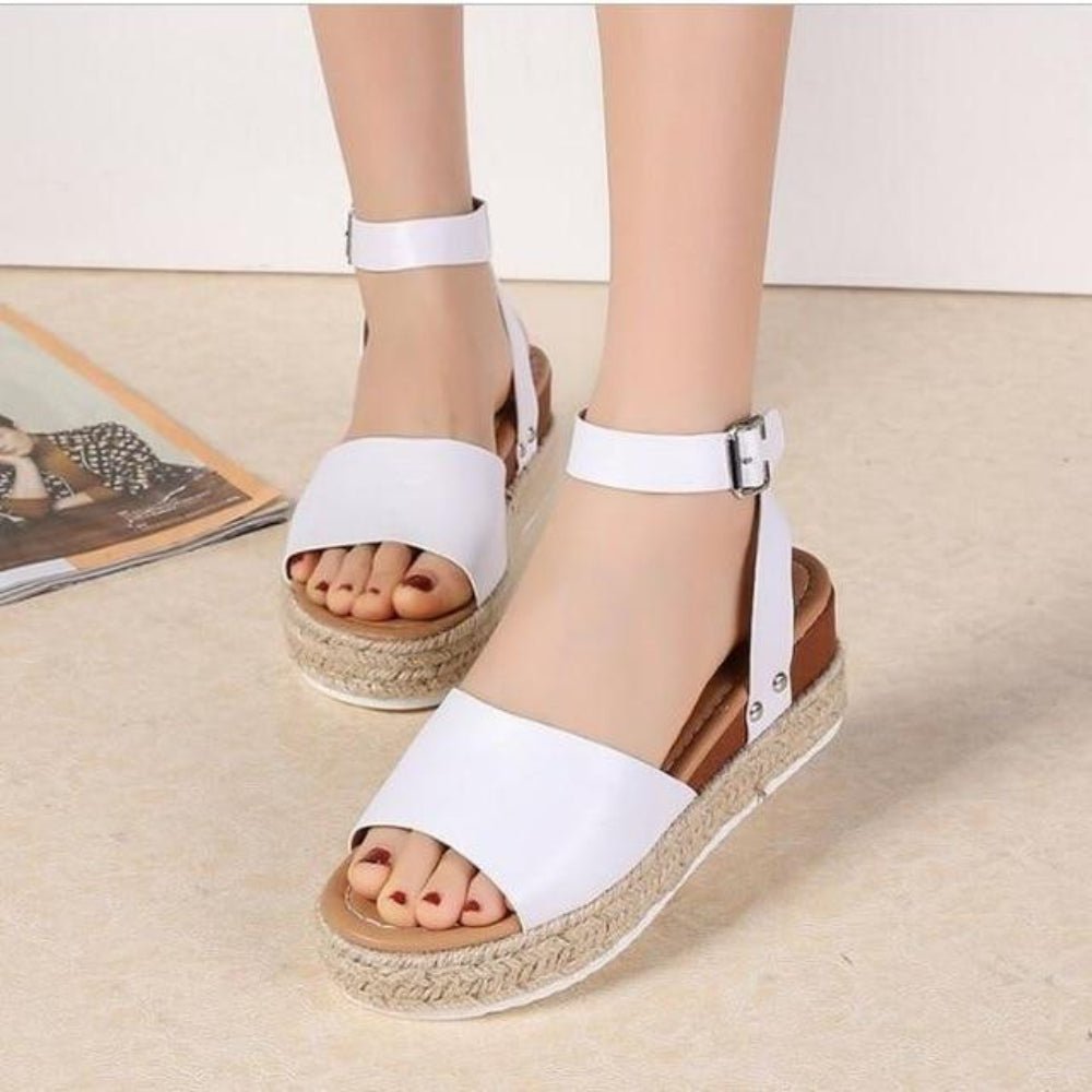 Sandals Vintage Leather Wedge Chunky Mid Heels Peep Toe - Easy Pickins Store