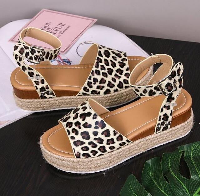 Sandals Vintage Leather Wedge Chunky Mid Heels Peep Toe - Easy Pickins Store