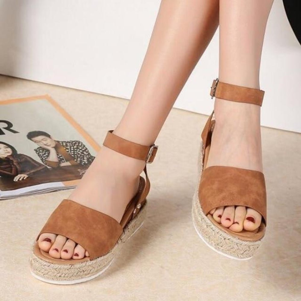 Sandals Vintage Leather Wedge Chunky Mid Heels Peep Toe - Easy Pickins Store