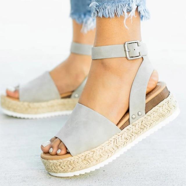 Sandals Vintage Leather Wedge Chunky Mid Heels Peep Toe - Easy Pickins Store