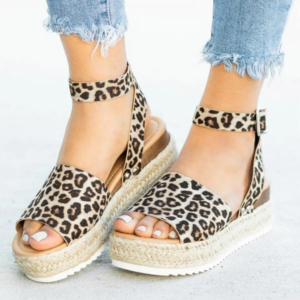 Sandals Vintage Leather Wedge Chunky Mid Heels Peep Toe - Easy Pickins Store