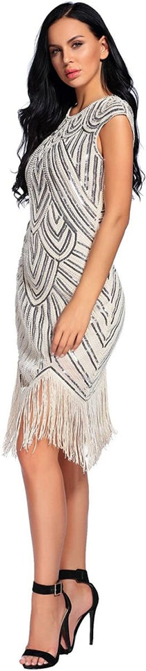 Sequin Beaded V Neck Tassels Hem Great Gatsby Cocktail Dress - Easy Pickins Store