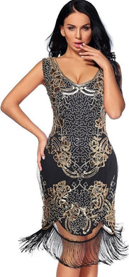Sequin Beaded V Neck Tassels Hem Great Gatsby Cocktail Dress - Easy Pickins Store