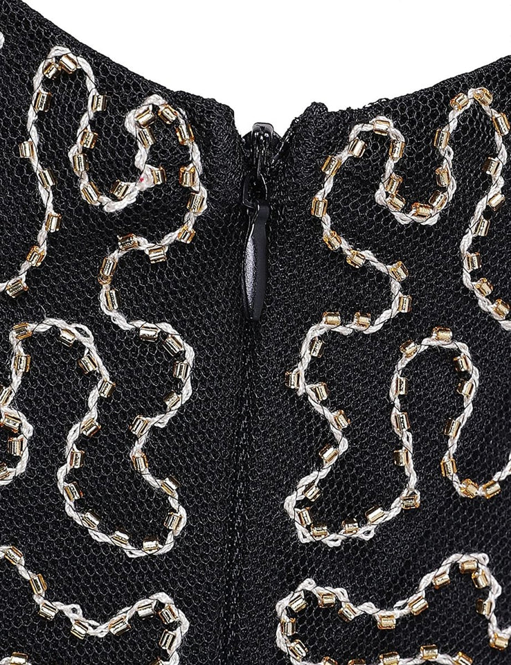 Sequin Beaded V Neck Tassels Hem Great Gatsby Cocktail Dress - Easy Pickins Store