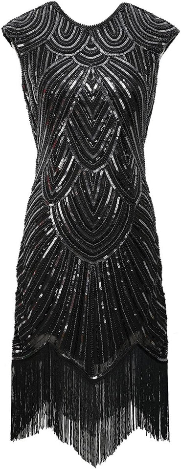 Sequin Beaded V Neck Tassels Hem Great Gatsby Cocktail Dress - Easy Pickins Store