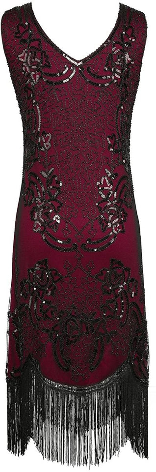 Sequin Beaded V Neck Tassels Hem Great Gatsby Cocktail Dress - Easy Pickins Store
