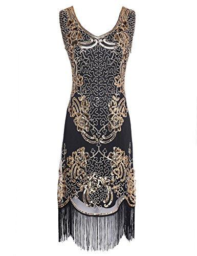 Sequin Beaded V Neck Tassels Hem Great Gatsby Cocktail Dress - Easy Pickins Store