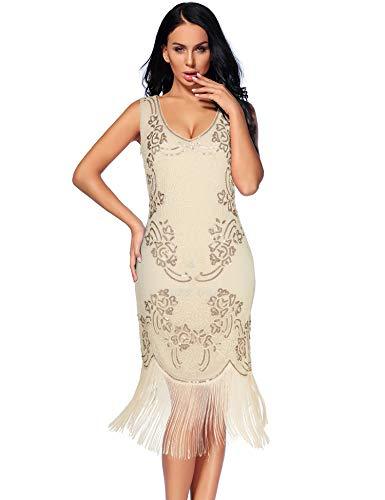 Sequin Beaded V Neck Tassels Hem Great Gatsby Cocktail Dress - Easy Pickins Store
