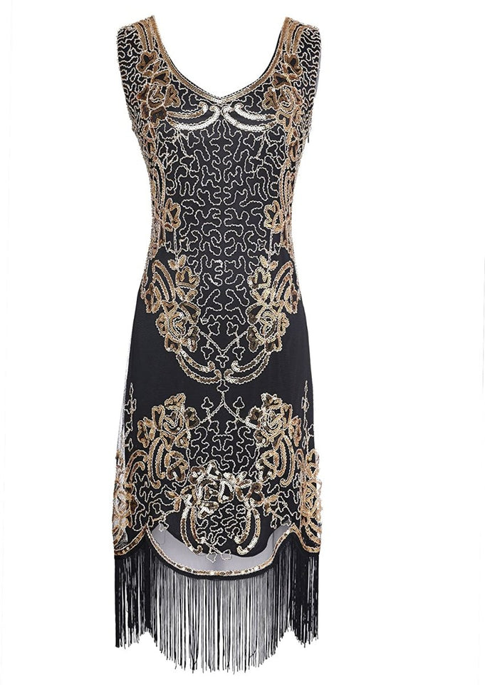 Sequin Beaded V Neck Tassels Hem Great Gatsby Cocktail Dress - Easy Pickins Store