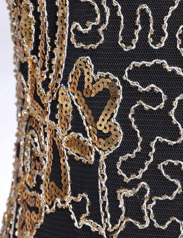 Sequin Beaded V Neck Tassels Hem Great Gatsby Cocktail Dress - Easy Pickins Store