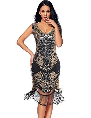 Sequin Beaded V Neck Tassels Hem Great Gatsby Cocktail Dress - Easy Pickins Store