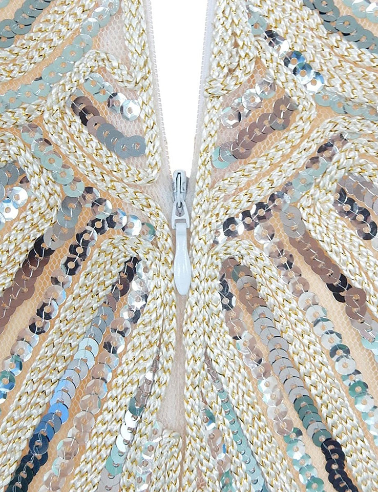 Sequin Beaded V Neck Tassels Hem Great Gatsby Cocktail Dress - Easy Pickins Store