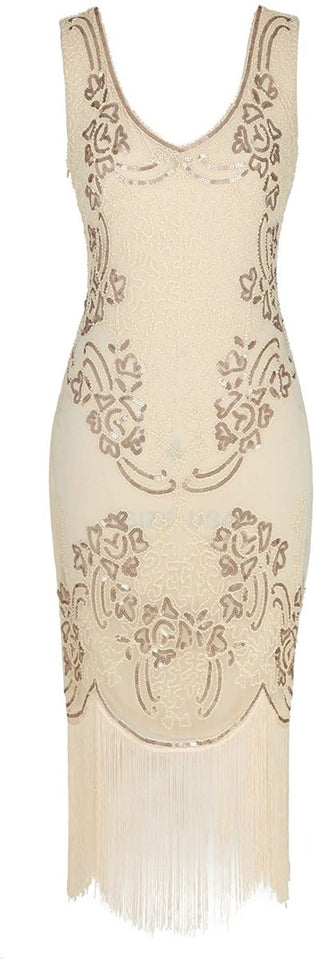 Sequin Beaded V Neck Tassels Hem Great Gatsby Cocktail Dress - Easy Pickins Store