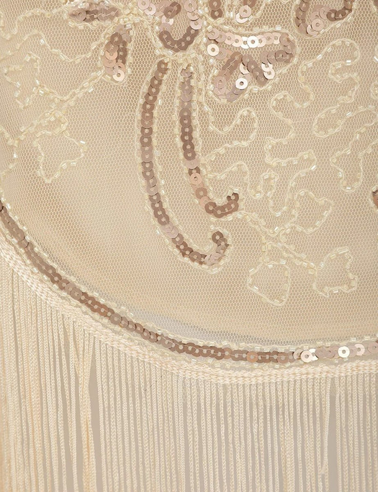 Sequin Beaded V Neck Tassels Hem Great Gatsby Cocktail Dress - Easy Pickins Store
