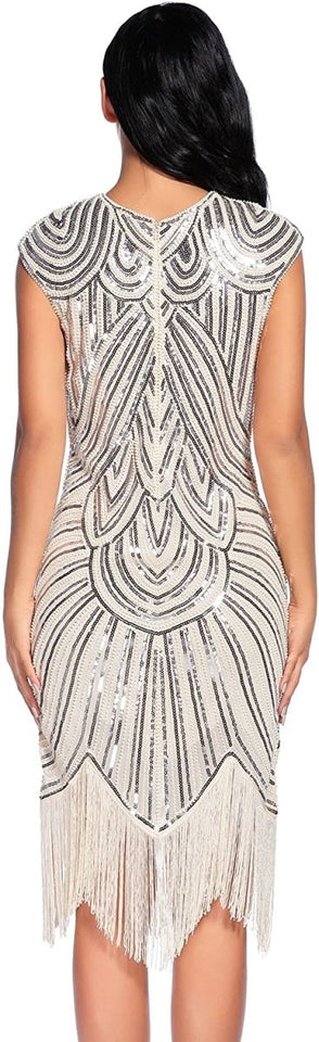 Sequin Beaded V Neck Tassels Hem Great Gatsby Cocktail Dress - Easy Pickins Store