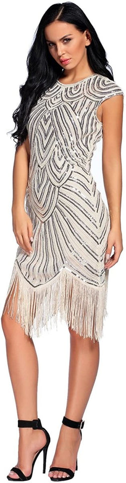 Sequin Beaded V Neck Tassels Hem Great Gatsby Cocktail Dress - Easy Pickins Store