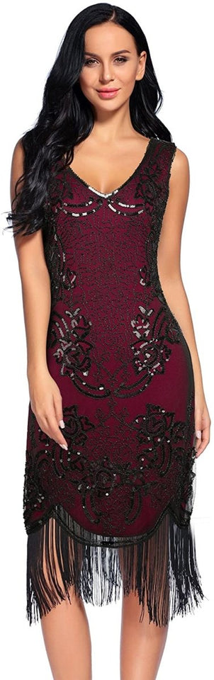 Sequin Beaded V Neck Tassels Hem Great Gatsby Cocktail Dress - Easy Pickins Store