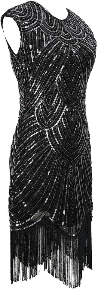 Sequin Beaded V Neck Tassels Hem Great Gatsby Cocktail Dress - Easy Pickins Store