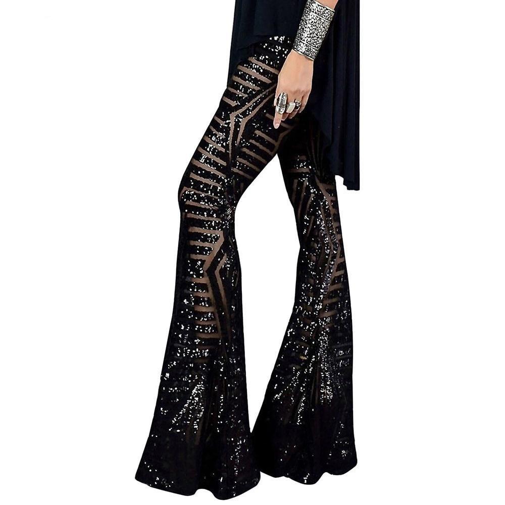 Sequin Glitter Wide Leg Long Flare Pants High Waist - Easy Pickins Store