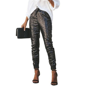 Sequin Long Pencil Pants Elastic Leather High Waist Drawstring - Easy Pickins Store