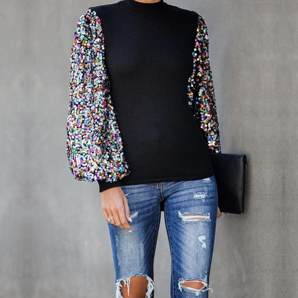 Sequins Blouse Puff Sleeve Turtleneck Casual Shirt Solid Black Long Sleeve - Easy Pickins Store