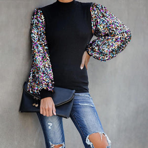 Sequins Blouse Puff Sleeve Turtleneck Casual Shirt Solid Black Long Sleeve - Easy Pickins Store