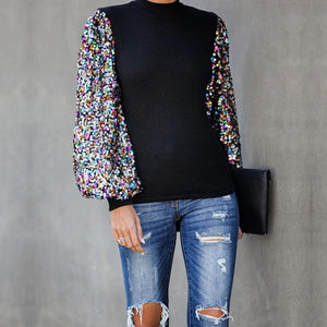 Sequins Turtleneck Autumn Winter Long Puff Sleeve - Easy Pickins Store