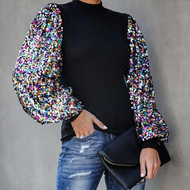 Sequins Turtleneck Autumn Winter Long Puff Sleeve - Easy Pickins Store