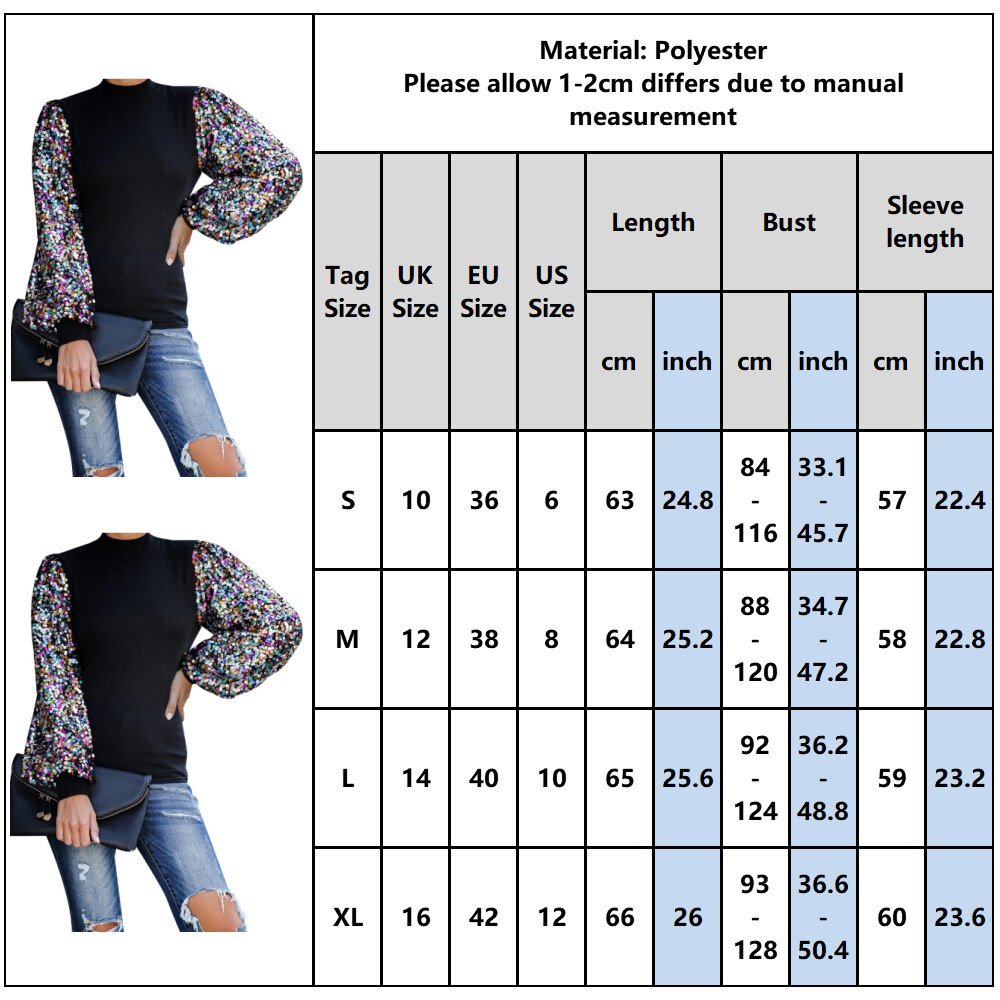 Sequins Turtleneck Long Puff Sleeve Blouse - Easy Pickins Store