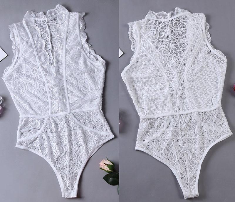 Sheer Floral Lace Bodysuit Hollow Out Sleeveless Jumpsuit - Easy Pickins Store
