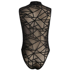 Sheer Mesh Sleeveless Bodysuit Mock Neck Velvet Transparent - Easy Pickins Store