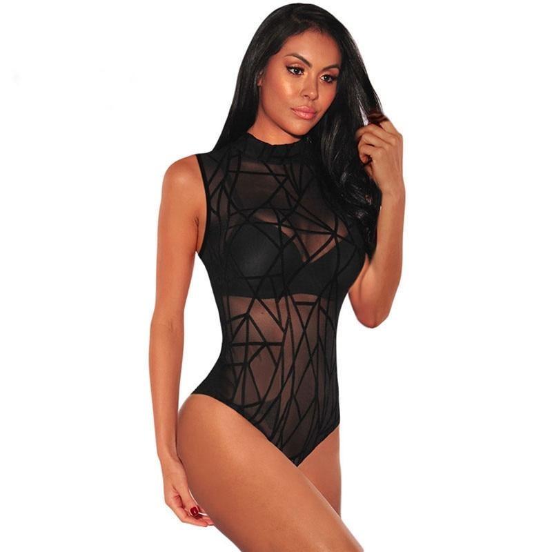 Sheer Mesh Sleeveless Bodysuit Mock Neck Velvet Transparent - Easy Pickins Store