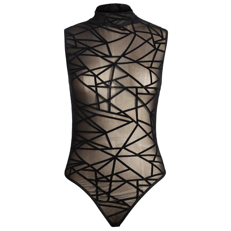 Sheer Mesh Sleeveless Bodysuit Mock Neck Velvet Transparent - Easy Pickins Store