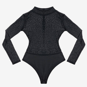 Shining Diamond Sheer Mesh Bodysuit Long Sleeve Mock Neck - Easy Pickins Store