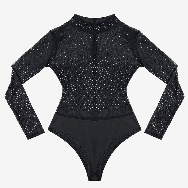 Shining Diamond Sheer Mesh Bodysuit Long Sleeve Mock Neck