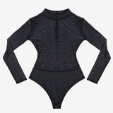 Shining Diamond Sheer Mesh Bodysuit Long Sleeve Mock Neck - Easy Pickins Store