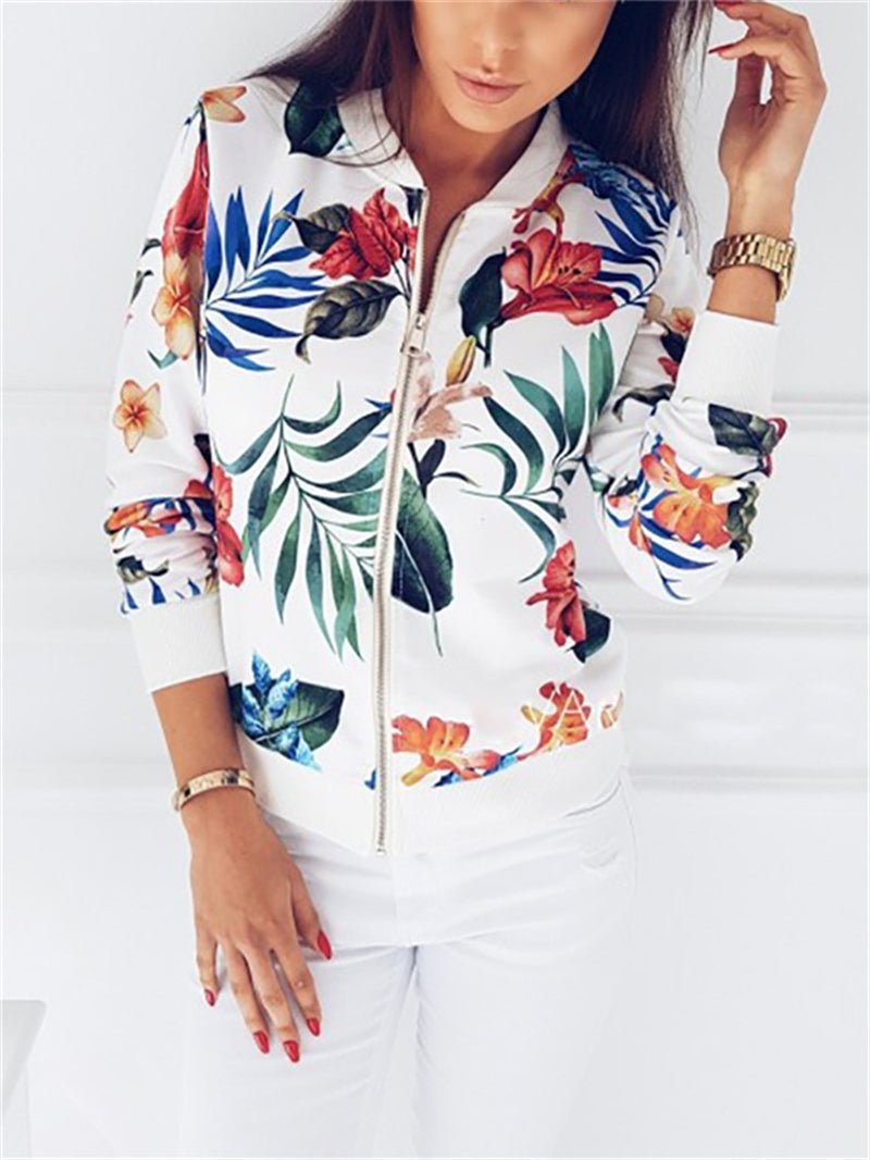 Short Floral Printed Spring Zipper Long Sleeve Jacket - Easy Pickins Store