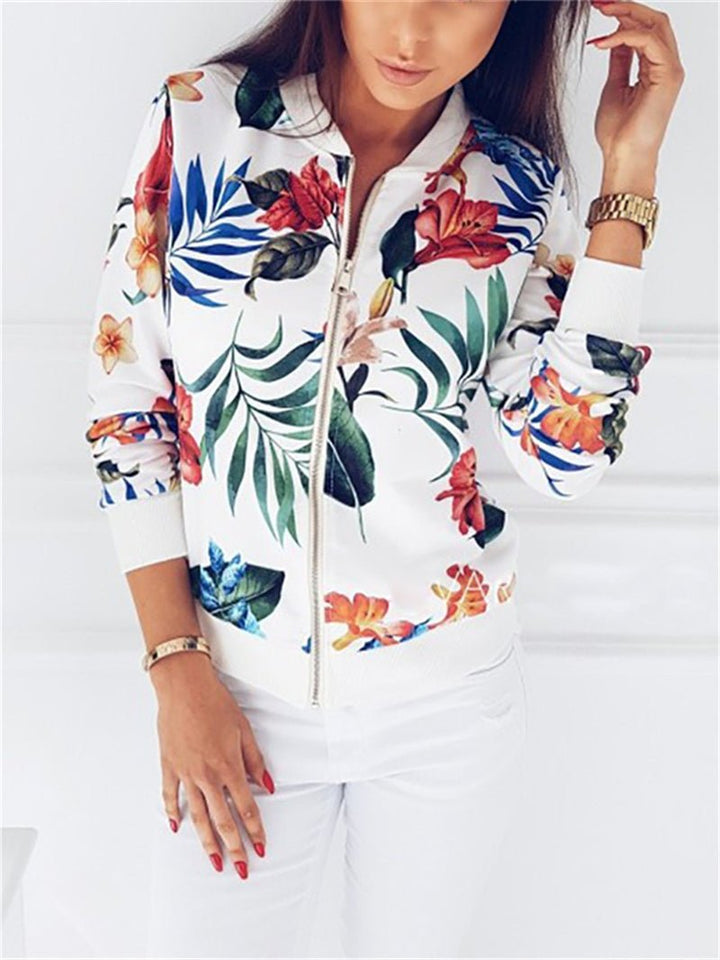 Short Floral Printed Spring Zipper Long Sleeve Jacket - Easy Pickins Store