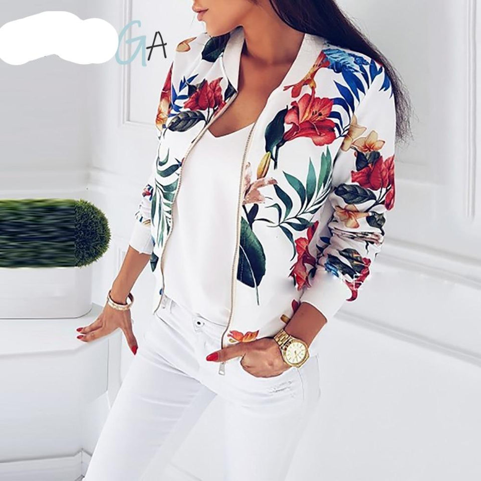 Short Retro Floral Printed Long Sleeve Zipper Jacket - Easy Pickins Store