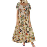 Short Sleeve Boho Retro Linen Long Dress - Easy Pickins Store