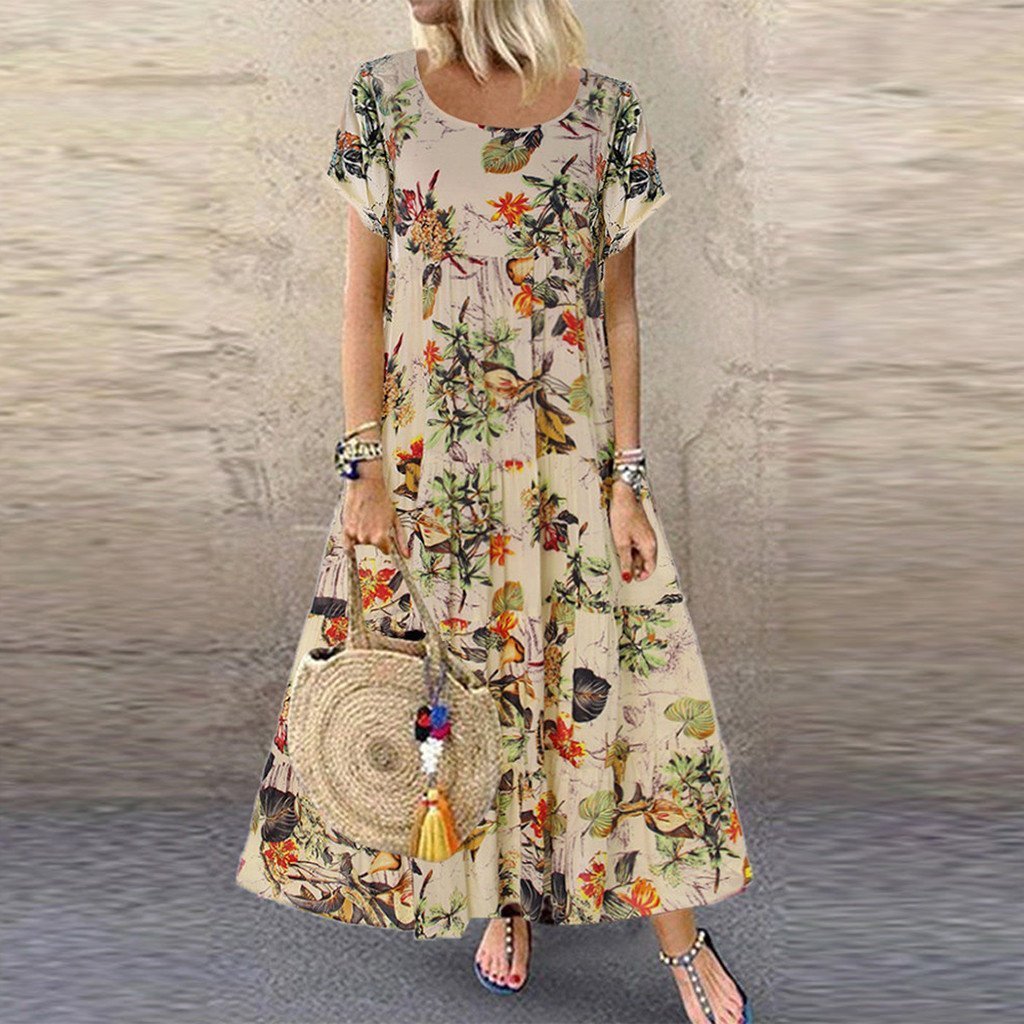 Short Sleeve Boho Retro Linen Long Dress - Easy Pickins Store