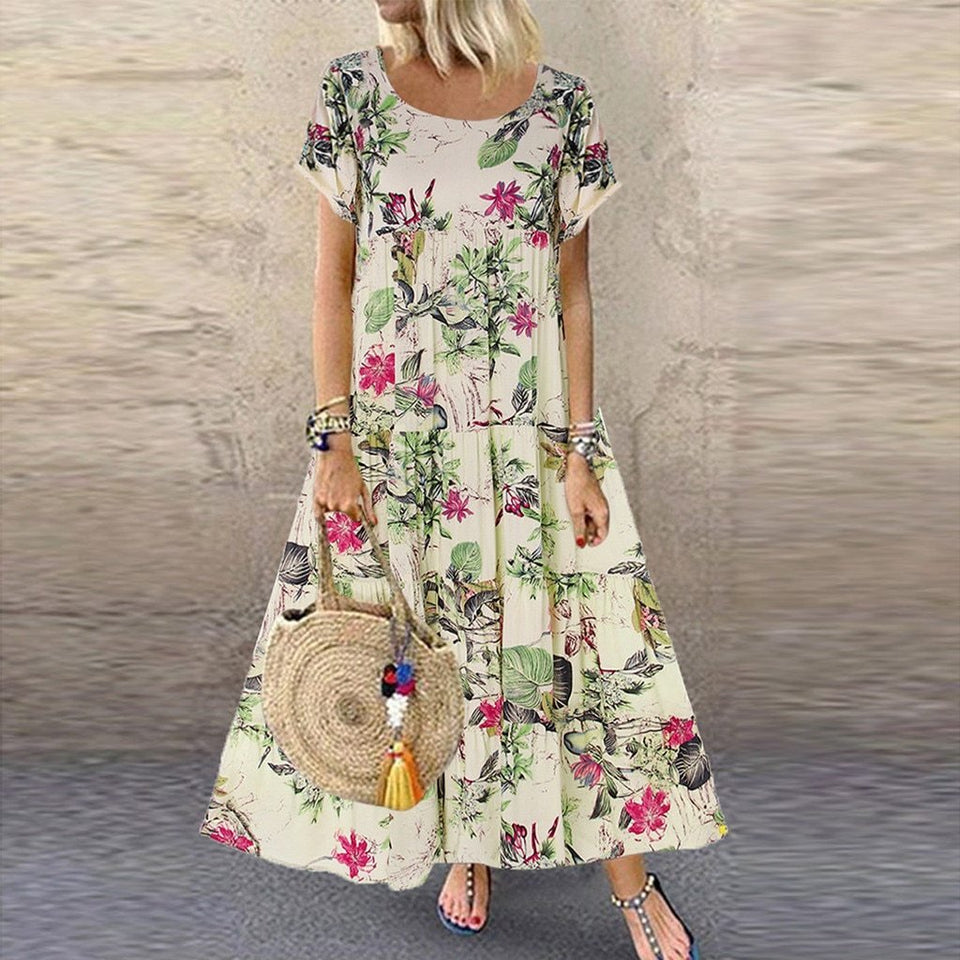 Short Sleeve Boho Retro Linen Long Dress - Easy Pickins Store