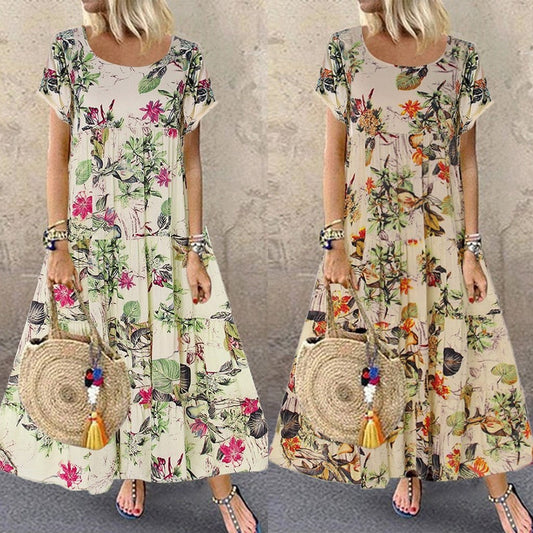 Short Sleeve Boho Retro Linen Long Dress - Easy Pickins Store