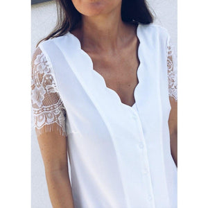 Short Sleeve Top Lace Shirts V Neck White T-Shirt - Easy Pickins Store